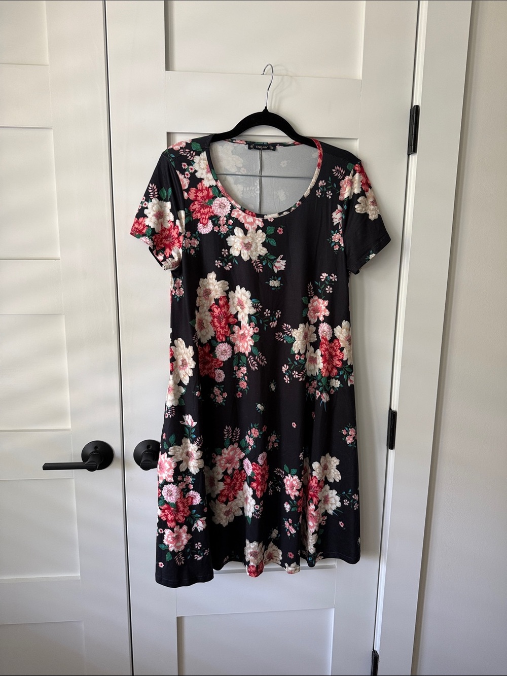 Women's Black Floral Scoop Dress with Pink & Cream Blooms